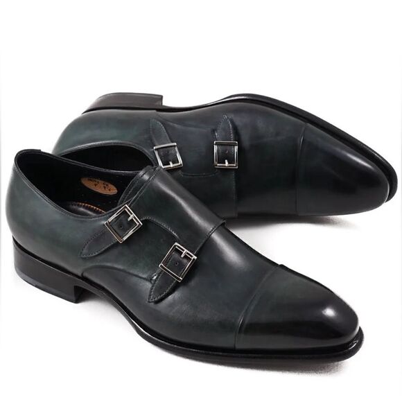 SANTONI $1350 Goodyear-Welt Green Double-Buckle Monk Strap - Picture 1 of 12